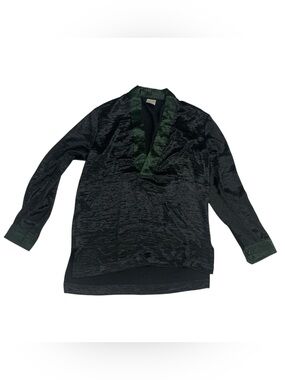 Orttu Kimono Style Shirt Men Sz M Deep V-Neck Glossy Black Green Long Sleeve